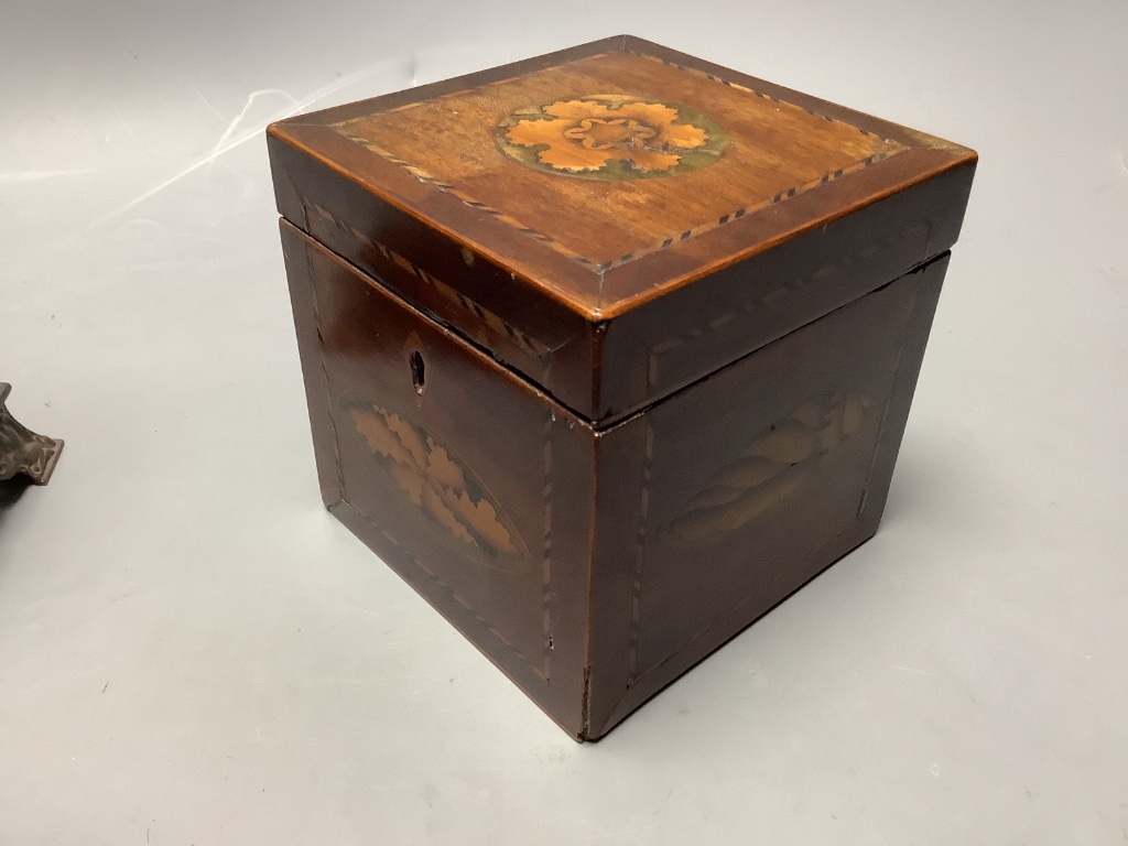 A pair of Max Hartmann copper alloy candlesticks, Georgian tea caddy, Treen and papier-mâché boxes